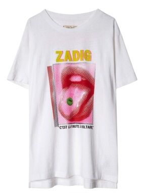 Zadig & Voltaire Tom Happy Street Style Statement Pink & Green GraphicTee Size M